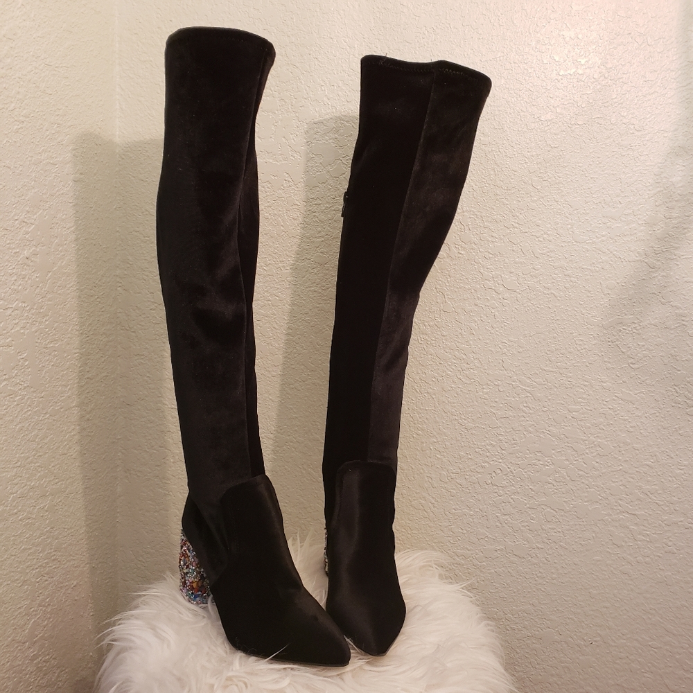 Betsey Johnson knee high velvet boots with jewels
